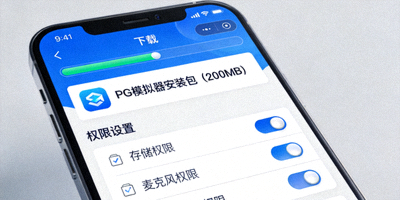 安卓手机PG模拟器下载界面示意图，显示安装包与权限设置