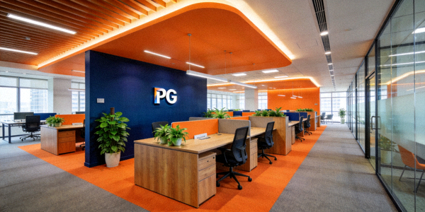 PG新加坡总部办公室实景，现代开放式办公环境，橙色与深蓝装饰风格