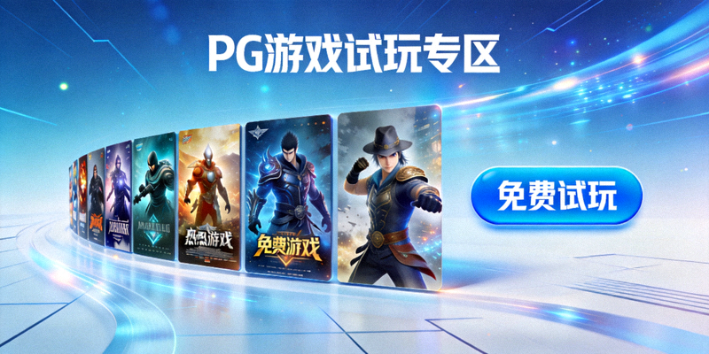 PG游戏试玩专区主视觉图，展示多款热门游戏封面与免费试玩按钮，背景为科技感蓝色光效