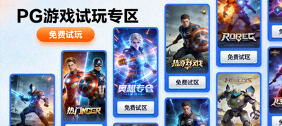 PG游戏试玩专区界面，展示多款热门游戏封面及免费试玩按钮